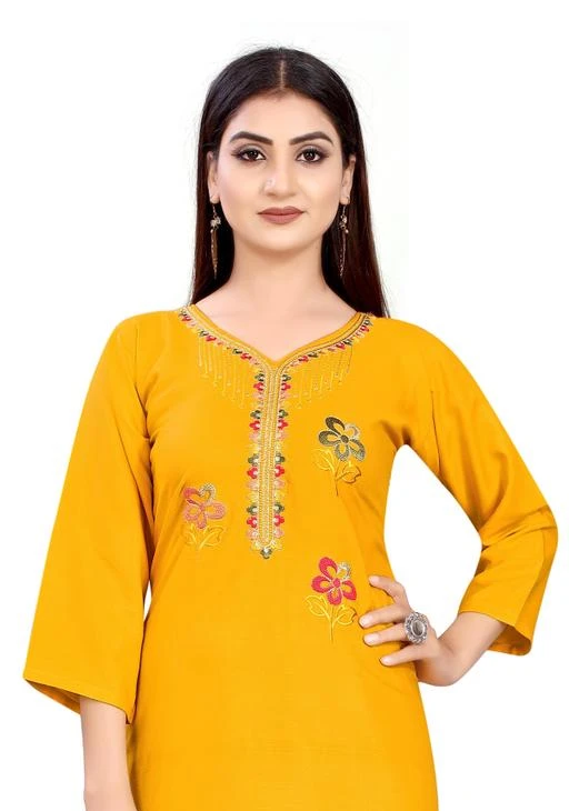 Checkout this latest Kurtis
Product Name: *Embroidery Rayon Yellow Kurti*
Fabric: Rayon
Sleeve Length: Three-Quarter Sleeves
Pattern: Embroidered
Combo of: Single
Sizes:
S (Bust Size: 36 in, Size Length: 43 in) 
M (Bust Size: 38 in, Size Length: 43 in) 
L (Bust Size: 40 in, Size Length: 43 in) 
XL (Bust Size: 42 in, Size Length: 43 in) 
XXL (Bust Size: 44 in, Size Length: 43 in) 
This Kurti is Fashioned on Pure Rayon Fabric Enriched with Beautiful Embroidered work done as shown. This Stitched Kurti is perfect to pick for casual wear.This attractive kurti will surely fetch you compliments for your rich sense of style.
Country of Origin: India
Easy Returns Available In Case Of Any Issue


SKU: BF-44 Rayon Yellow Kurti
Supplier Name: Bhakti_Fashion.

Code: 283-77580897-994

Catalog Name: Trendy Drishya Kurtis
CatalogID_21656680
M03-C03-SC1001