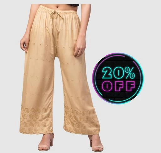 Checkout this latest Palazzos
Product Name: *TRENDY HALF CHIKAN PALLAZO SKIN 13*
Fabric: Rayon
Pattern: Chikankari
Net Quantity (N): 1
Focus on Quality of its product,Minimum Waist(Relaxed Elastic)=28 inches,Maximum Waist(Stretched Elastic)=42 inches I Fabrify aims at delivering topmost premium Quality Women's fashion bottoms at competitive price which is affordable by women of all age. Add these has Designed Palazzo With Extra Soft,Which is truly a Comfort Wear.it enhances your curve line,that makes it is a perfect statement of style and comfort.fabric rayon pattern rayon half chicken wastern wear palazzo and good quality. Search and follow my shop 