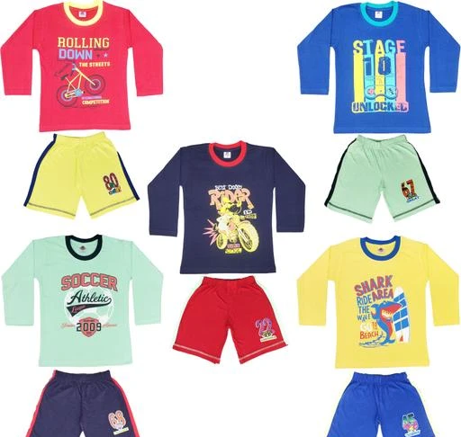 Checkout this latest Clothing Set
Product Name: *Crazyon boys fullsleeve t shirts shorts combo pack of 5*
Top Fabric: Cotton
Bottom Fabric: Cotton
Sleeve Length: Long Sleeves
Top Pattern: Printed
Bottom Pattern: Printed
Sizes:
1-2 Years (Top Chest Size: 10.5 in, Top Length Size: 15 in, Bottom Waist Size: 8 in) 
2-3 Years (Top Chest Size: 11 in, Top Length Size: 16 in, Bottom Waist Size: 8 in) 
3-4 Years (Top Chest Size: 12 in, Top Length Size: 17 in, Bottom Waist Size: 8.5 in) 
5-6 Years (Top Chest Size: 13 in, Top Length Size: 18 in, Bottom Waist Size: 9 in) 
7-8 Years (Top Chest Size: 14 in, Top Length Size: 20 in, Bottom Waist Size: 9.5 in) 
Country of Origin: India
Easy Returns Available In Case Of Any Issue


SKU:  Boys fullsleeve t shirts shorts combo pack of 5(FS1105,S1201)
Supplier Name: Great Apparels

Code: 647-78116155-9921

Catalog Name: Tinkle Stylus Boys Top & Bottom Sets
CatalogID_21842175
M10-C32-SC1182