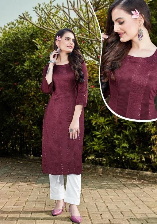 Checkout this latest Kurtis
Product Name: *Charvi Ensemble Kurtis*
Fabric: Cotton Slub
Sleeve Length: Three-Quarter Sleeves
Pattern: Embellished
Combo of: Single
Sizes:
M (Bust Size: 38 in) 
L (Bust Size: 40 in) 
XL (Bust Size: 42 in) 
XXL (Bust Size: 44 in) 
Attractive Sequins Kurti in various 6 Colours
Country of Origin: India
Easy Returns Available In Case Of Any Issue


SKU: Maroon Sequins
Supplier Name: Tradenest International

Code: 664-78159664-996

Catalog Name: Charvi Ensemble Kurtis
CatalogID_21856183
M03-C03-SC1001