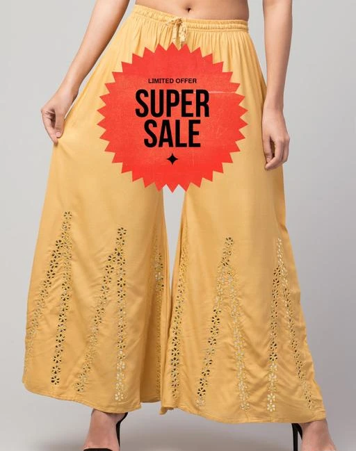 Checkout this latest Palazzos
Product Name: *TRENDY MIRROR WORK PALAZZO SKIN 15*
Fabric: Rayon
Pattern: Embellished
Net Quantity (N): 1
TRENDY ERA-Focus on Quality of its product,Minimum Waist(Relaxed Elastic)=28 inches,Maximum Waist(Stretched Elastic)=42 inches I Fabrify aims at delivering topmost premium Quality Women's fashion bottoms at competitive price which is affordable by women of all age. Add these has Designed Palazzo With Extra Soft,Which is truly a Comfort Wear.it enhances your curve line,that makes it is a perfect statement of style and comfort.fabric rayon pattern rayon mirror work wastern wear palazzo and good quality. Search and follow my shop 