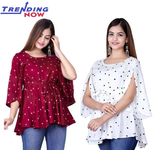 Checkout this latest Tops & Tunics
Product Name: *TOP COMBO*
Fabric: Rayon
Sleeve Length: Three-Quarter Sleeves
Pattern: Printed
Net Quantity (N): 2
Sizes:
XS (Bust Size: 34 in, Length Size: 26 in) 
S (Bust Size: 36 in, Length Size: 26 in) 
M (Bust Size: 38 in, Length Size: 27 in) 
L (Bust Size: 40 in, Length Size: 27 in) 
XL (Bust Size: 42 in, Length Size: 28 in) 
XXL (Bust Size: 44 in, Length Size: 28 in) 
Kishna fashion Represent (2 tops combo) are flaunt in Style with this regular fit top From Fashion Monster, brand known for its wide range of classy ethnic wear collection for woman. exclusively constructed with absolute perfection this top featuring 3/4th butterfly sleeves, little heart print and round neckline tshis top having constating classy colourful plain/splid pattern on its necklines and sleeves, rayon mayerial. this charming top will surely fetch you compliment for your sense of style
Country of Origin: India
Easy Returns Available In Case Of Any Issue


SKU: 2X HEART BF MAROON &  WHITE
Supplier Name: Krishna Fashion

Code: 415-78294757-999

Catalog Name: Classy Feminine Women Tops & Tunics
CatalogID_21897426
M04-C07-SC1020