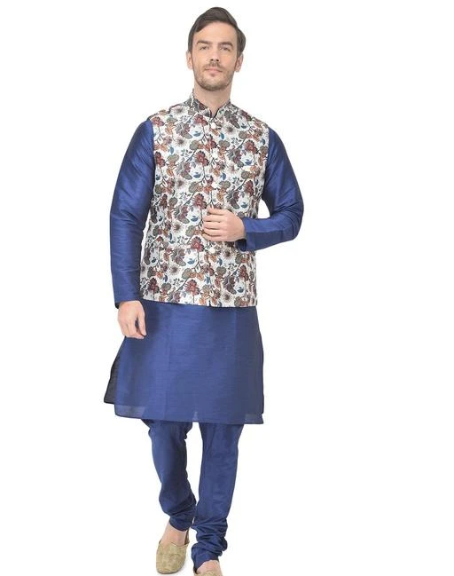 Checkout this latest Kurta Sets
Product Name: *SG LEMAN Ethnic Wear Kurta Pajam With Waistcoat For Men*
Top Fabric: Silk Blend
Bottom Fabric: Silk Blend
Scarf Fabric: No Scarf
Sleeve Length: Long Sleeves
Bottom Type: Churidar Pant
Stitch Type: Stitched
Pattern: Printed
Sizes:
M (Chest Size: 42 in, Top Length Size: 42 in, Top Hip Size: 39 in, Bottom Waist Size: 32 in, Bottom Hip Size: 44 in, Bottom Length Size: 51 in) 
L (Chest Size: 44 in, Top Length Size: 43 in, Top Hip Size: 41 in, Bottom Waist Size: 34 in, Bottom Hip Size: 46 in, Bottom Length Size: 51 in) 
XL (Chest Size: 46 in, Top Length Size: 44 in, Top Hip Size: 43 in, Bottom Waist Size: 36 in, Bottom Hip Size: 48 in, Bottom Length Size: 51 in) 
XXL (Chest Size: 48 in, Top Length Size: 45 in, Top Hip Size: 45 in, Bottom Waist Size: 38 in, Bottom Hip Size: 50 in, Bottom Length Size: 51 in) 
SG LEMAN presenting here the latest designer Kurta Churidar pajama & Jacket perfectly for ethnic, casual as well as party wear. These are designed to absolute perfection, this designer kurta looks very trendy to show & that too keeps you at easy whenever you wear this. This have exclusive designes that gives you a royal & charming look. It immediately grabs the attention of the people around you and makes you look attractive and elegant. This Kurta pajama set is very light in weight. We are a leading brand in Men wear with wide range of Men clothing which includes Men ethnic wear,Men Straight kurta,kurta pajama, Men sherwani ,Nehru jacket, Indo western and a lot more.
Country of Origin: India
Easy Returns Available In Case Of Any Issue


SKU: NJ229-WHITE_27920-R.BLUE
Supplier Name: SG YUVRAJ

Code: 0451-79462397-9965

Catalog Name: Elegant Men Kurta Sets
CatalogID_22291265
M06-C18-SC1201