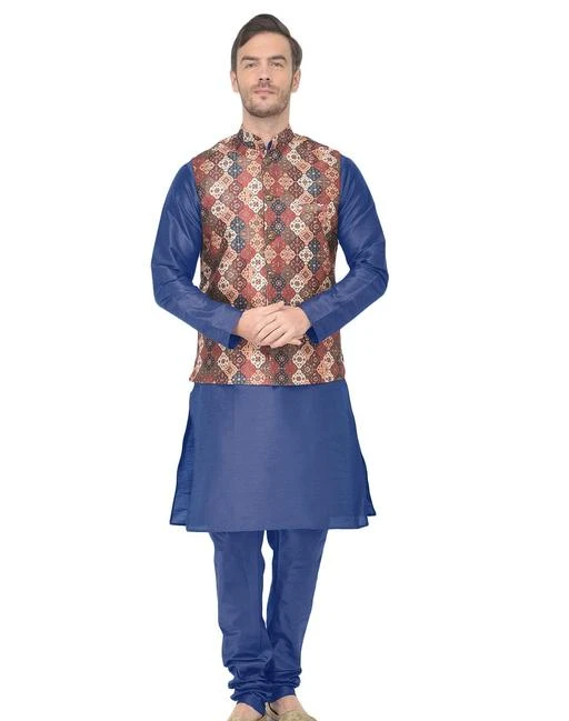 Checkout this latest Kurta Sets
Product Name: *SG LEMAN Ethnic Wear Kurta Pajam With Waistcoat For Men*
Top Fabric: Silk Blend
Bottom Fabric: Silk Blend
Scarf Fabric: No Scarf
Sleeve Length: Long Sleeves
Bottom Type: Churidar Pant
Stitch Type: Stitched
Pattern: Printed
Sizes:
M (Chest Size: 42 in, Top Length Size: 42 in, Top Hip Size: 39 in, Bottom Waist Size: 32 in, Bottom Hip Size: 44 in, Bottom Length Size: 51 in) 
L (Chest Size: 44 in, Top Length Size: 43 in, Top Hip Size: 41 in, Bottom Waist Size: 34 in, Bottom Hip Size: 46 in, Bottom Length Size: 51 in) 
XL (Chest Size: 46 in, Top Length Size: 44 in, Top Hip Size: 43 in, Bottom Waist Size: 36 in, Bottom Hip Size: 48 in, Bottom Length Size: 51 in) 
XXL (Chest Size: 48 in, Top Length Size: 45 in, Top Hip Size: 45 in, Bottom Waist Size: 38 in, Bottom Hip Size: 50 in, Bottom Length Size: 51 in) 
SG LEMAN presenting here the latest designer Kurta Churidar pajama & Jacket perfectly for ethnic, casual as well as party wear. These are designed to absolute perfection, this designer kurta looks very trendy to show & that too keeps you at easy whenever you wear this. This have exclusive designes that gives you a royal & charming look. It immediately grabs the attention of the people around you and makes you look attractive and elegant. This Kurta pajama set is very light in weight. We are a leading brand in Men wear with wide range of Men clothing which includes Men ethnic wear,Men Straight kurta,kurta pajama, Men sherwani ,Nehru jacket, Indo western and a lot more.
Country of Origin: India
Easy Returns Available In Case Of Any Issue


SKU: NJ229-MULTI_27920-R.BLUE
Supplier Name: SG YUVRAJ

Code: 5931-79462398-9965

Catalog Name: Elegant Men Kurta Sets
CatalogID_22291265
M06-C18-SC1201