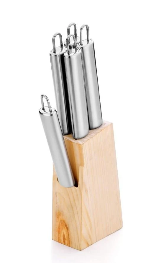 Checkout this latest Knives & Knife Set
Product Name: * Stainless Steel 5 pcs Heavy Knife Set With Wooden Stand *
Material: Wood
Length: 10 cm
Breadth: 10 cm
Height: 20 cm
It include Stainless Steel Knife Set (4 knifes , 1 peeler & 1 Wooden Stand)
Country of Origin: India
Easy Returns Available In Case Of Any Issue


SKU: P01 KNIFE SET
Supplier Name: SPICEFIC PRODUCT

Code: 843-79851856-994

Catalog Name:  New Collections Of Knife Sharpener Kitchen Tools
CatalogID_22426306
M08-C23-SC1648