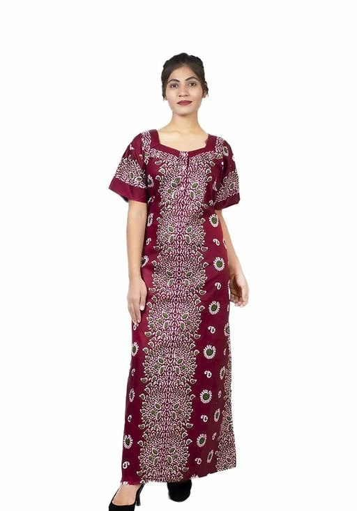 Checkout this latest Nightdress
Product Name: *PUTONS Women's Cotton Printed Nightgown Nighty | Super Soft Comfortable Loose Fit Long Maxi Sleepwear (Brown)*
Fabric: Cotton
Sleeve Length: Short Sleeves
Pattern: Printed
Net Quantity (N): 1
Sizes:
Free Size
In a shade of beautiful colours and featuring All Over Print design, this nightdress from PUTONS is drop dead gorgeous. Complete with a Stylish Design work on neck, this piece is the most stylish and comfortable nightwear choice. Sleep well in the PUTONS half sleeve round neck nightie or nightgown, decorated with All Over Print print throughout. The fabric is Cotton. Cotton materials come in handy when you want to wash and dry the dress quickly. It can dry even under a fan during the rainy season. 100% Cotton soft fabric for Maximum Comfort; This Nightie is Cozy & Thin & Lightweight; Made from a soft fabric that can be used as Loungewear and Nightwear. Cotton is a universally loved fabric which is easy to wear and maintain. It is of paramount importance for a nightwear to not compromise on the comfort quotient. It is important to opt for comfortable clothing when we are going to hit the bed. It has been crafted with precision using cotton fabric that is soft and breathable to help you relax when you sleep after a tiring day. This stylish nightie design is not just trendy but also perfect for daily use. This is a perfect gift to your loved ones. The most practical gift for a women can be this Nighty. To feel cozy, you need to be in your comfort zone. We assure our nightwear will be your perfect bedtime companion to give you the comfort and peaceful sleep after a tiring day.
Country of Origin: India
Easy Returns Available In Case Of Any Issue


SKU: NightGown-Cotton-Brown
Supplier Name: SN JAIN & CO.

Code: 813-80438608-006

Catalog Name: Inaaya Stylish Women Nightdresses
CatalogID_22626238
M04-C10-SC1044