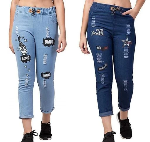 Women's Denim Jeans Elastic Waist Drawstring Stretch Side Pockets Summer  Light Bang Dark And Star Light Casual Blue Jeans Combo Pack Of 3