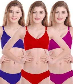 Women Lingerie Cotton Padded Bra Panty Set - Multicolor- Pack of 3 Lingerie  Sets Women Bra Combo