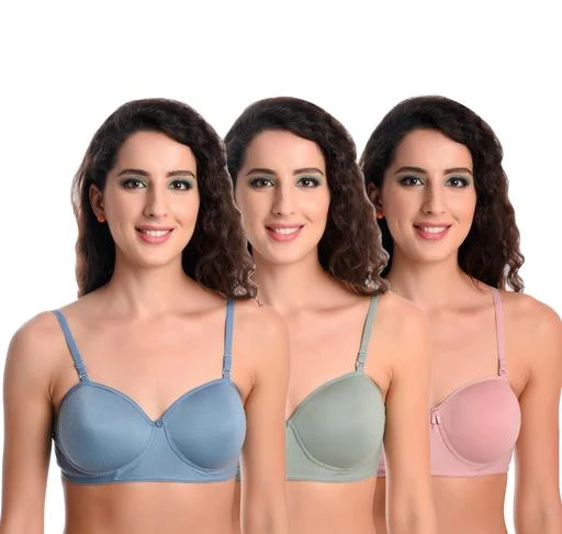 Multicoloured Cotton Blend Solid Bras For Women Pack Of 3 Size