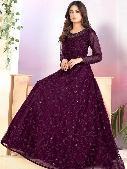  Women Gown Women Net Semistitched Gown With Designer Blouse Work