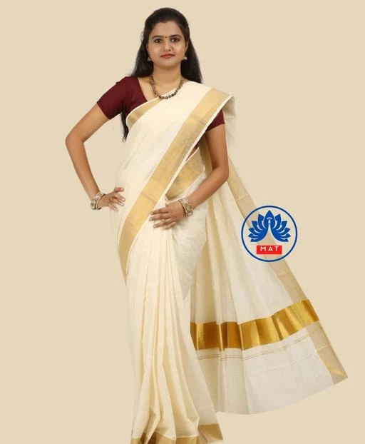  Women South Indian Traditional Cotton Blend Kerala Kasavu Solid  Plain