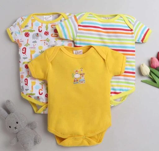 Checkout this latest Onesies & Rompers
Product Name: *Girls Yellow Cotton Blend Oneseis & Rompers Pack Of 3*
Fabric: Cotton Blend
Sleeve Length: Short Sleeves
Pattern: Printed
Net Quantity (N): 3
Fit Type: Regular Pack Contents: As Shown in Images. These Combos are available in Assorted Prints and so Designs will be dispatched based on Availability. Material: 100% Organic Cotton, Nickel-free snaps on reinforced panels, Expandable shoulders for easy over the head wear. Snap button access at the crotch helps in fuss free diaper change. Sleeves, Colors & Designs - Exactly as shown in Image. 100% Export Quality Products. Pls select sizes carefully after referring to Size Chart. Pls do consider your Baby's weight & height while selecting sizes.
Sizes: 
0-3 Months, 3-6 Months, 6-9 Months, 9-12 Months
Country of Origin: India
Easy Returns Available In Case Of Any Issue


SKU: Romper/Bodysuit yellow
Supplier Name: MM IMPEX

Code: 803-86192631-999

Catalog Name: Princess Comfy Boys Onesies & Rompers
CatalogID_24533478
M10-C33-SC1184