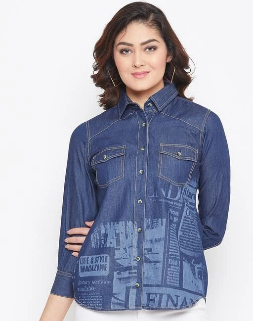  Avyanna Stylis Women Navy Blue Laser Printed Denim Shirt / Classy