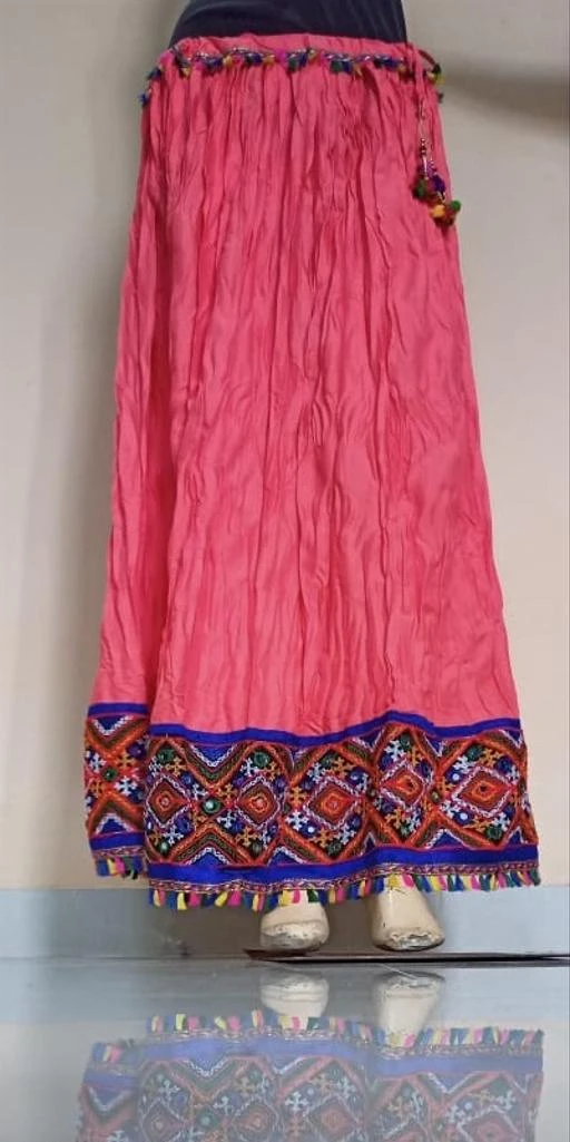 DIAMO Women Rayon Gujrati Mirror Work Ethnic Skirts For WomenDIAMO  Traditional Heavy Border Lace work
