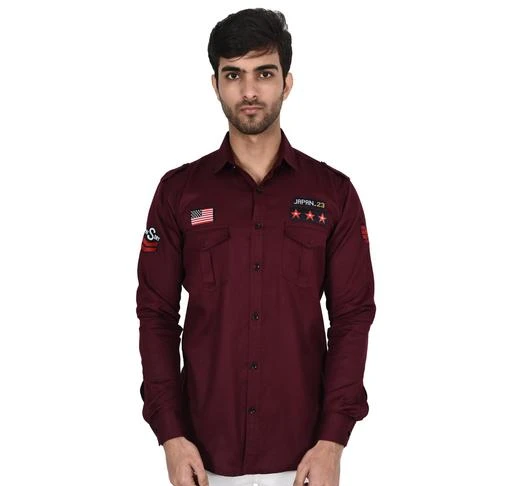 Checkout this latest Shirts
Product Name: *Indische Wine Army Style Shirt*
Fabric: Cotton Blend
Sleeve Length: Long Sleeves
Pattern: Solid
Net Quantity (N): 1
Sizes:
M (Chest Size: 38 in, Length Size: 27.5 in) 
L (Chest Size: 40 in, Length Size: 28 in) 
XL (Chest Size: 42 in, Length Size: 29 in) 
Indische