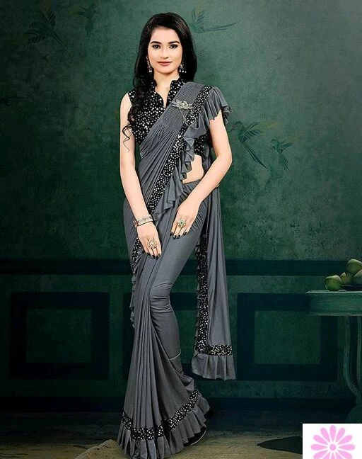  Ready To Wear Lycra Blend Grey Ruffle Saree With Blouse / Aagyeyi