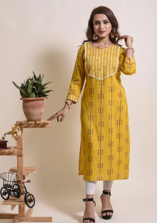 Checkout this latest Kurtis
Product Name: *Women's Printed Straight Kurti*
Fabric: Rayon
Sleeve Length: Three-Quarter Sleeves
Pattern: Printed
Combo of: Single
Sizes:
M (Bust Size: 38 in) 
L (Bust Size: 40 in) 
XL (Bust Size: 42 in) 
XXL (Bust Size: 44 in) 
XXXL, 4XL
Country of Origin: India
Easy Returns Available In Case Of Any Issue


SKU: PC1101 YELLOW LACE
Supplier Name: Peachy Collections

Code: 043-99352452-9941

Catalog Name: Aishani Fashionable Kurtis
CatalogID_28523418
M03-C03-SC1001